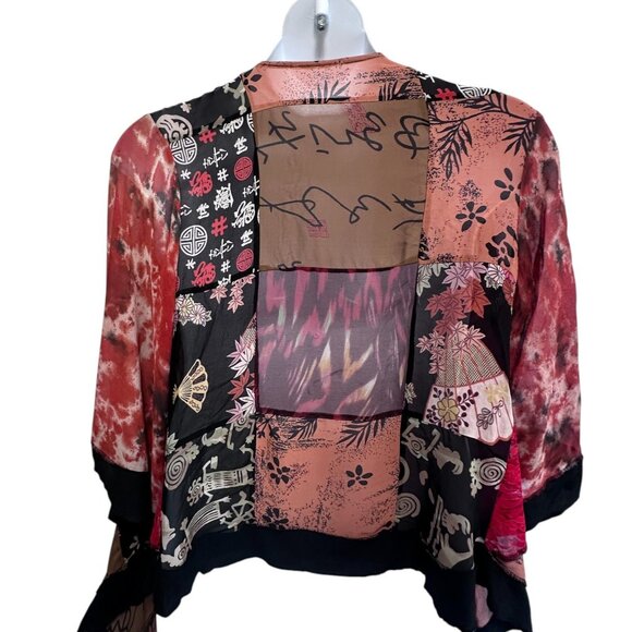 Boho Patchwork Kimono Cardigan Sheer Open Front Asymmetric One Size Rayon - Picture 2 of 9